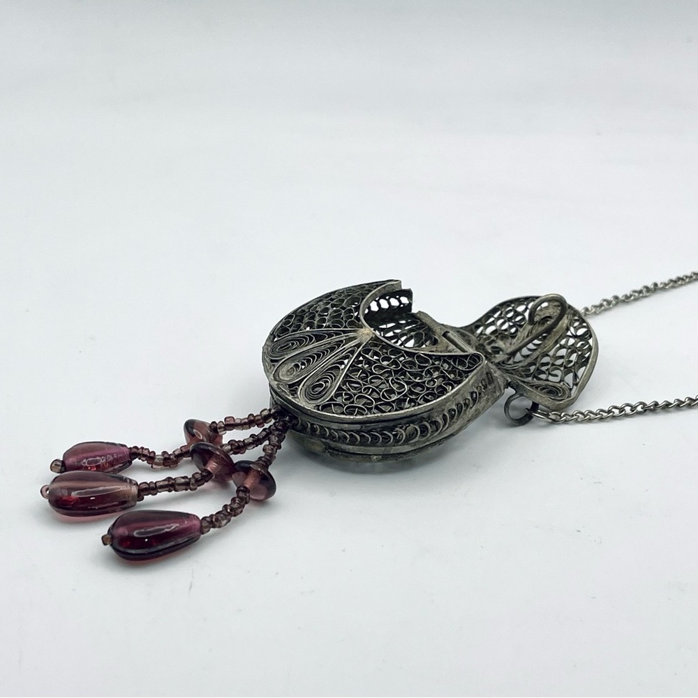 Antique Silver Filigree Purse Pendant Necklace With Amethyst Accents - Picture 9 of 15
